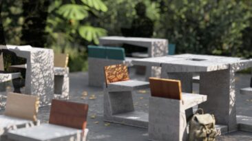 Este par de cadeira e mesa de concreto tem seu próprio charme, apesar de sua estética brutalista